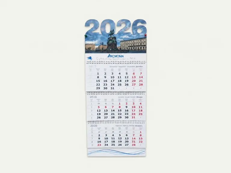 Аксиома — настенный квартальный календарь 2026 с панорамой Санкт-Петербурга и логотипом.